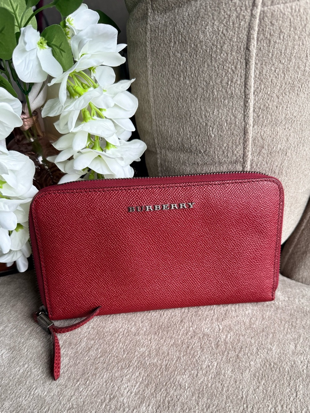 Burberry Red Textured Zip-Around Large Organizer Wallet Authentic
